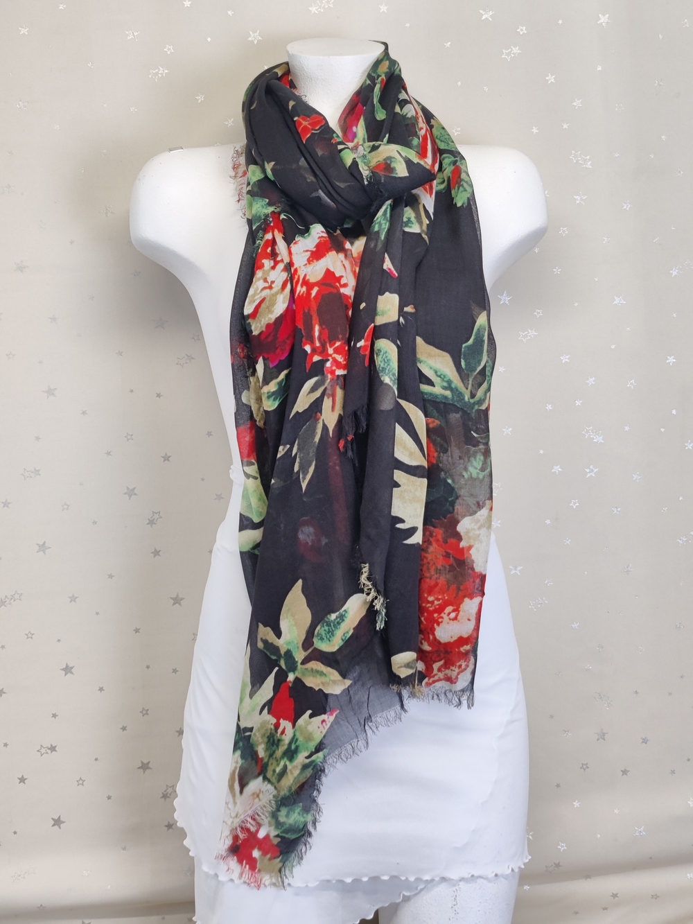 Naturally Knotty 100% Modal Oversized Floral Scarf Wrap Black Red 42x78